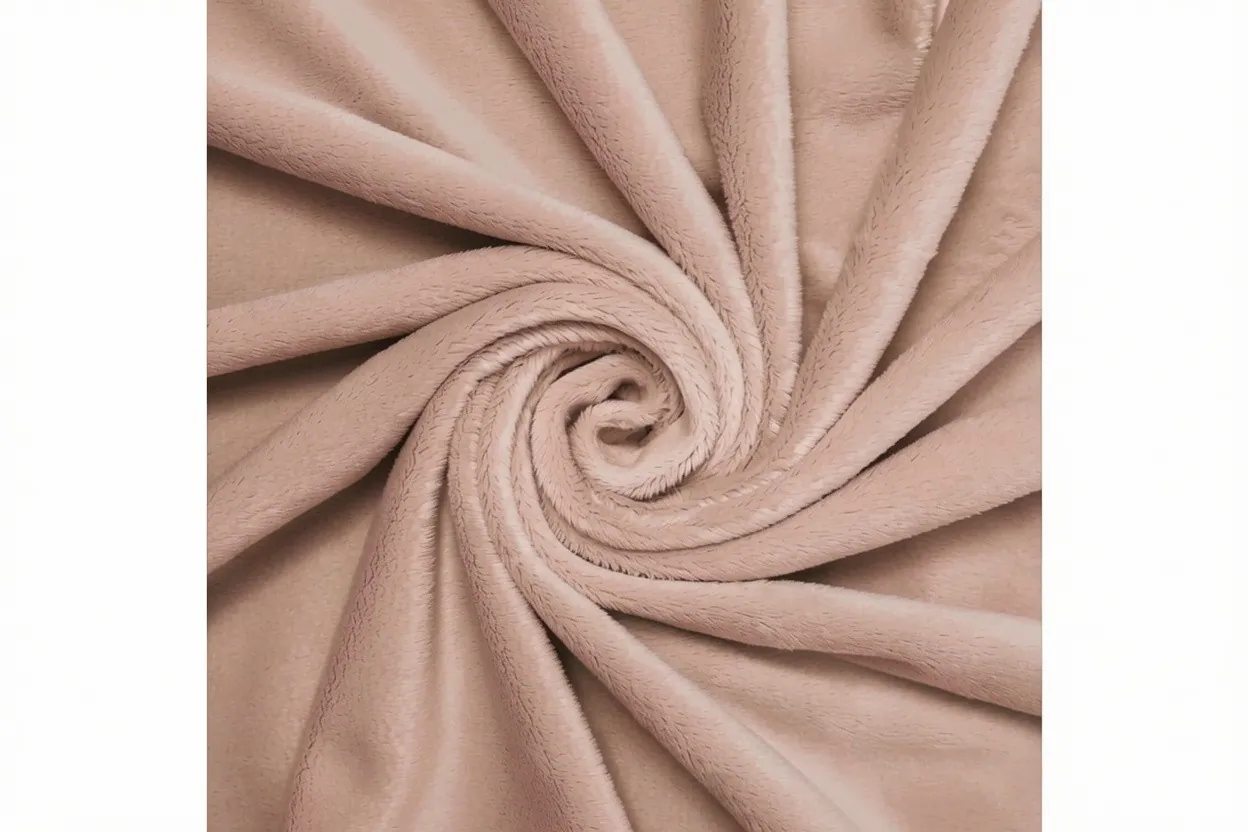 Plush fleece minky knit fabric in dusty blush polyester with luxurious velvet pile, manufactured at Apex Corporation knitwear factory in Karachi Pakistan